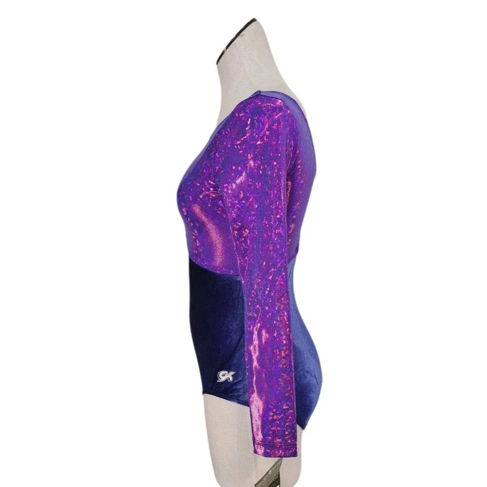 GK Elite VTG Mystique Purple Holographic LS Keyhole Leotard Blue Velvet Size AM